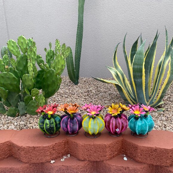 Handpainted Metal Mini Bisnaga Cactus Yard Art Garden Decor - Picture 1 of 14